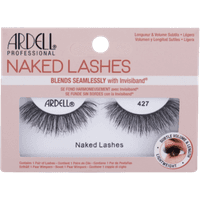 Ardell Naked Lashes #427, wispy black artificial eyelashes with Invisiband, in pink and white packaging.