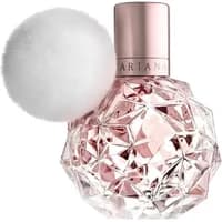 Pink faceted perfume bottle with rose gold cap and white pom-pom, "ARIANA GRANDE Ari Eau De Parfum 100ml".