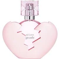 Pink heart-shaped Ariana Grande Thank U Next perfume bottle with a broken heart design and clear cap.