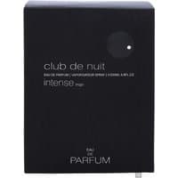 Black rectangular box of Armaf Club De Nuit Intense Man Eau de Parfum Spray with silver text and minimalist design.