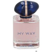 Clear glass bottle with pink liquid, blue oval cap, and "My Way" text in blue by Armani.