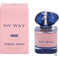 Armani My Way Intense Eau de Parfum 30ml, blue cap, pink box with navy text, elegant glass bottle.