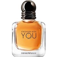 Clear glass bottle of Armani Stronger With You Eau de Toilette, amber liquid, black cap, silver neck.