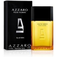 Azzaro Pour Homme Eau De Toilette 100ml, amber glass bottle with black cap, next to black box with silver logo.