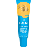Blue Bondi Sands lip balm tube with yellow cap, labeled "Toasted Coconut SPF50+," 10g size.