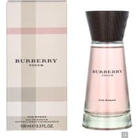 Burberry Touch for Women Eau de Parfum 100ml, clear bottle with pink liquid and dark wood cap, plaid box packaging.
