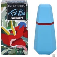 Blue Cacharel Lou Lou Eau de Parfum 50ml bottle with red band, next to colorful floral box.