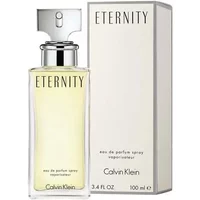 Calvin Klein Eternity Eau De Parfum 100ml, clear glass bottle with silver cap, next to matching white box.