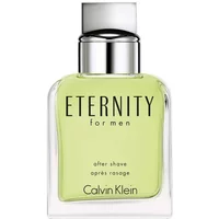 Calvin Klein Eternity For Men aftershave splash, 100ml clear glass bottle with silver cap and green liquid.