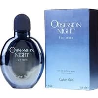 Calvin Klein Obsession Night For Men 125ml, dark blue oval bottle with matching cap, next to blue gradient box.