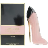 Carolina Herrera Good Girl Blush perfume, pink stiletto-shaped bottle, black heel, gold accents, next to black box.