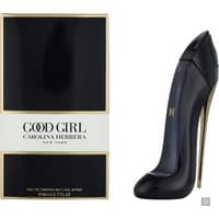 Carolina Herrera Good Girl perfume in black stiletto-shaped bottle with gold heel, 80ml box beside it.