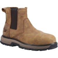 Brown Caterpillar Chelsea safety boot with elastic side panels, pull tabs, and rugged black sole, size 8.