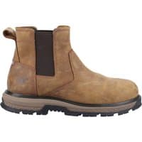 Brown leather Caterpillar Chelsea safety boot with elastic side panels and pull tab, rugged sole, size 9.