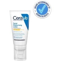 CeraVe AM Facial Moisturising Lotion SPF50 in white tube with blue accents and pump dispenser, dermatologist recommended badge.