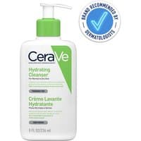 CeraVe Hydrating Foaming Oil Cleanser 236ml in white pump bottle with green label and blue dermatologist seal.