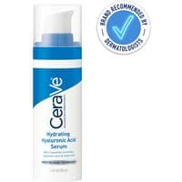 CeraVe Hydrating Hyaluronic Acid Serum 30ml in white pump bottle with blue label and dermatologist recommendation badge.