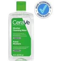 CeraVe Micellar Cleansing Water bottle with green cap and label, featuring niacinamide for all skin types.