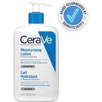 CeraVe Moisturising Lotion, white bottle with blue pump, hyaluronic acid, ceramides, dermatologist recommended badge.