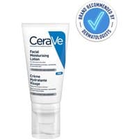 CeraVe PM Facial Moisturising Lotion 52ml, white tube with blue accents and pump dispenser, dermatologist recommended.