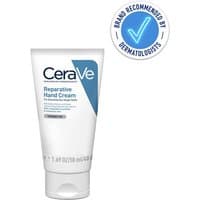 White CeraVe Reparative Hand Cream tube, 50ml, blue and black text, dermatologist recommended badge.