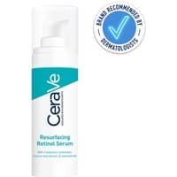 CeraVe Resurfacing Retinol Serum in white pump bottle with teal label and dermatologists' recommendation badge.