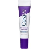 CeraVe eye cream tube with purple cap, white body, purple label, peptide complex and caffeine formula.