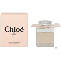 Chloé Eau de Parfum 75ml with ribbed glass bottle, silver cap, and pink ribbon beside peach box with black logo.