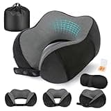 Gray and black Cirorld travel neck pillow with memory foam, includes ear plugs, eye mask, and black carry bag.