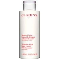 Clarins Moisture-Rich Body Lotion 400ml, white bottle with red text and flip-top cap.