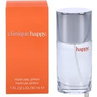 Clear glass bottle with silver cap, orange Clinique Happy box, 30ml Eau de Parfum Spray for women.