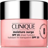 Pink Clinique Moisture Surge Hydra SPF25 jar with silver lid, black text, and recycling symbol on the side.