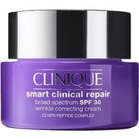 Purple Clinique jar with silver lid, labeled "Smart Clinical Repair Wrinkle Correcting Cream SPF30" 50ml.