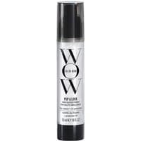 Clear bottle of Color Wow Pop & Lock High Gloss Finish, black cap, silver label with bold black text, 55ml size.