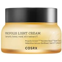Yellow COSRX Propolis Light Cream jar with black lid, 65ml, labeled with propolis, honey, and royal jelly extract.