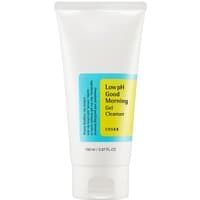 White tube of Cosrx Low pH Good Morning Gel Cleanser with blue and yellow label, 150 ml capacity.