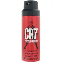 Red CR7 body spray can with Cristiano Ronaldo image, black cap, and bold white lettering.
