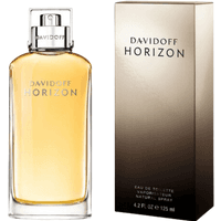 Davidoff Horizon Men's Eau De Toilette, 125 ml, in a clear glass bottle with a silver cap, next to its gradient box.