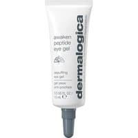White tube of Dermalogica Awaken Peptide Eye Gel, 15 ml, with gray cap and black text.