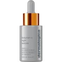 Gray Dermalogica Biolumin-C Night Restore bottle with gold dropper cap, 25ml, featuring sleek branding.