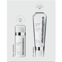 Dermalogica PowerBright kit with white AM serum bottle and PM treatment tube, sleek design and bold branding.