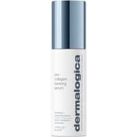 White Dermalogica Pro-Collagen Banking Serum bottle with blue cap and vertical logo text.