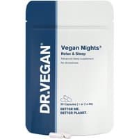 DR.VEGAN Vegan Nights Relax & Sleep, white pouch with blue stripe, 30 capsules, text "Better Me. Better Planet."