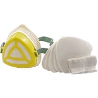 Yellow and white Draper Comfort Dust Mask with green straps and five white replacement filters.