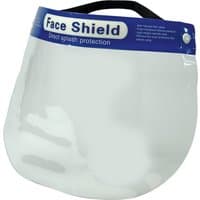 Clear Draper disposable face shield with blue label, black elastic strap, and direct splash protection text.