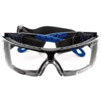 Clear anti-mist glasses with black frame, blue accents, and adjustable strap by Draper Expert.