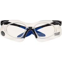 Clear anti-mist safety glasses with black arms and blue accents, featuring an RX insert for prescription lenses.