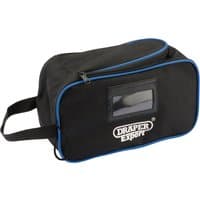 Black Draper Expert safety harness with blue trim, zippered pouch, and carrying handle.