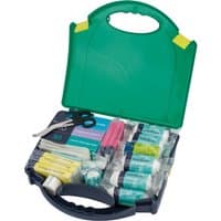 Green Draper First Aid Kit, Medium, with handle, open to show bandages, scissors, and medical supplies inside.
