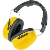 Yellow and black Draper Foldable Ear Defenders with padded headband and adjustable metal arms.